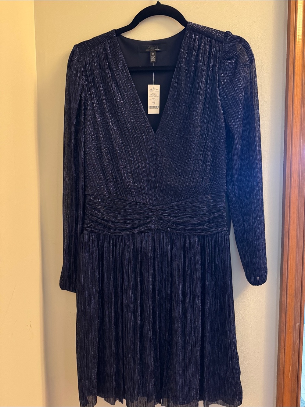 White House Black Market Navy Metallic V-Neck Pleated Waist Dress